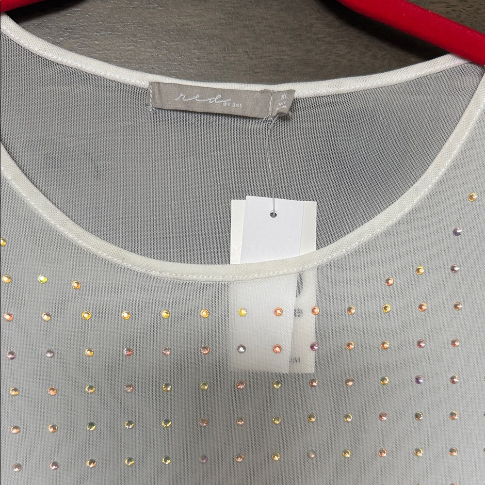 White Mesh Tank Top with Multi-Colored Rhinestones